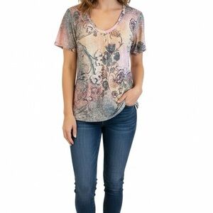 Y2K Multicolor Boho Floral Vneck TShirt Blouse L Pink Green Yellow Muted